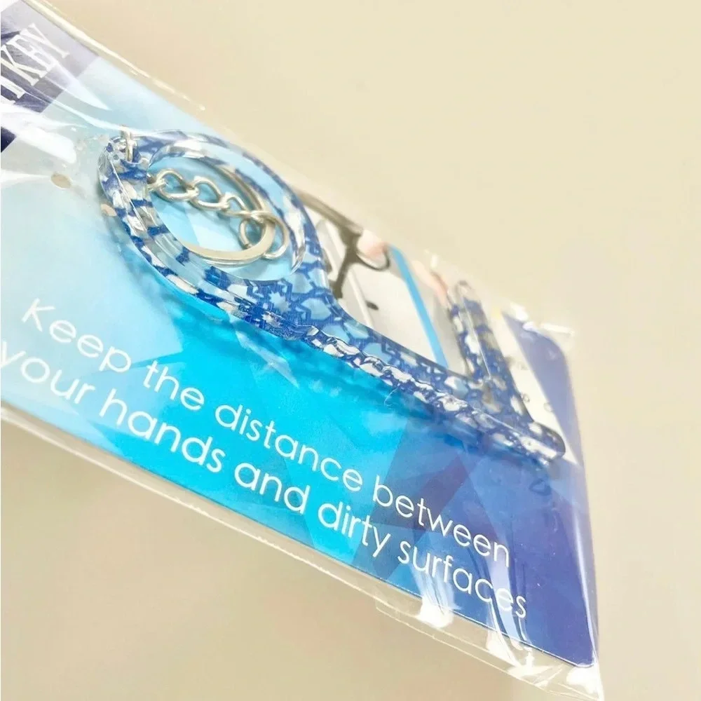 No-Touch Key and Door Handle Opener Keychain Blue Pattern Print Design